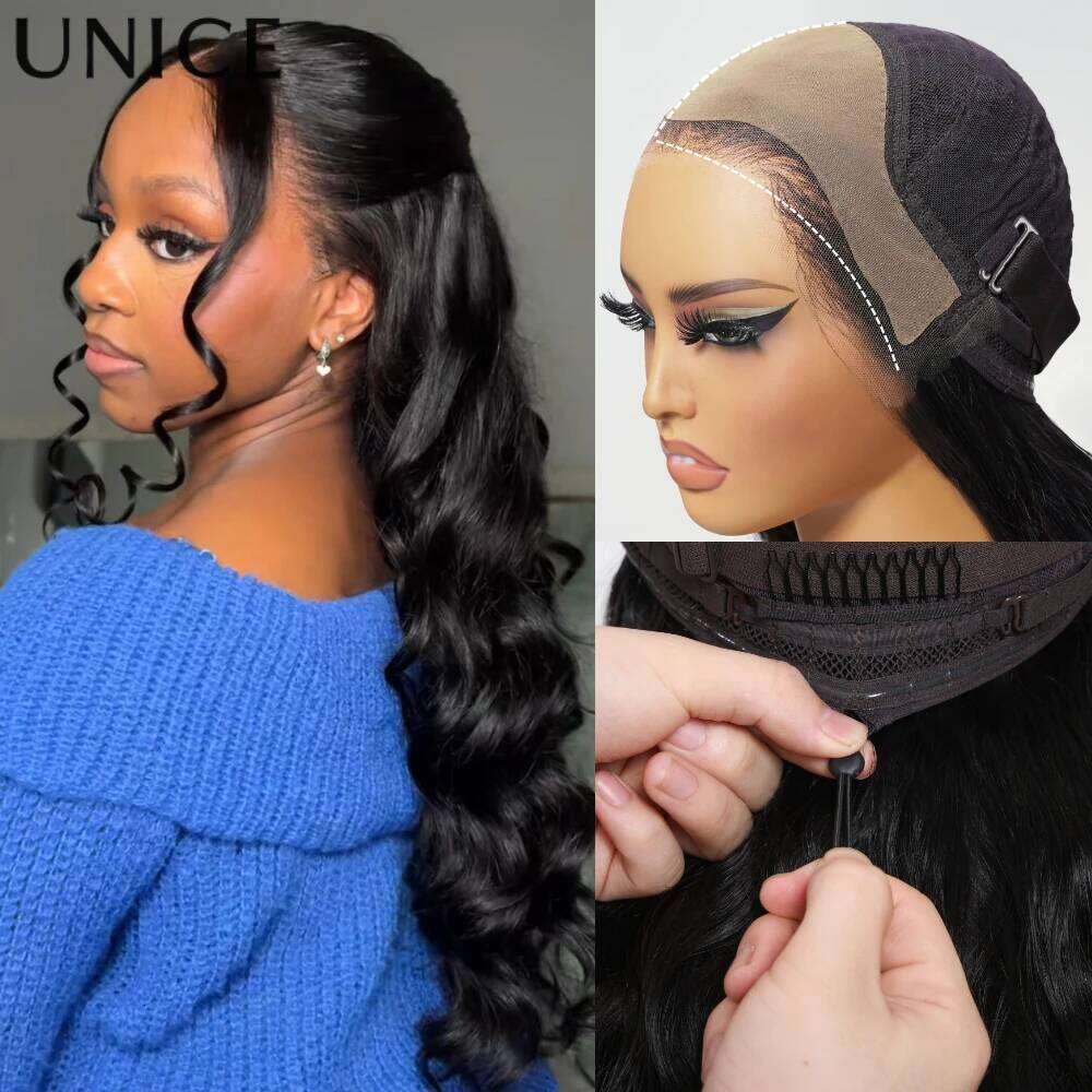 UNice Real Scalp 13x4 Frontal HD Lace With Invisible Drawstring Pre Everything Glueless Body Wave Human Hair Wigs 180%
