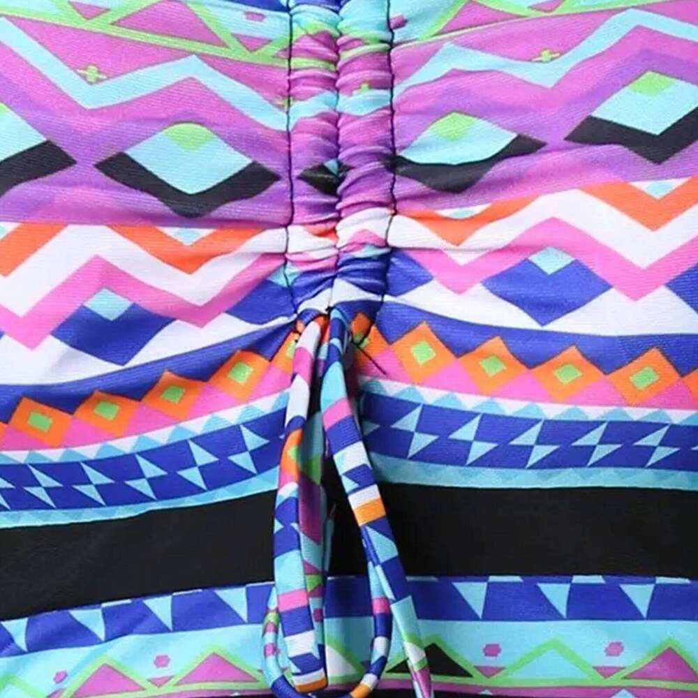 Split Swimwear Halter Lace Up Gathered Floral Printed Tankinis Women Drawstring Chest Pad V Neck Conservative Swimsuits