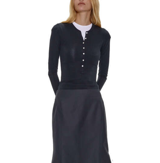 Henley Melard Outfit Cardigan Warm Base Open Collar T-Shirt Long Sleeve Knit Shirt Waist-Cinching Top B5