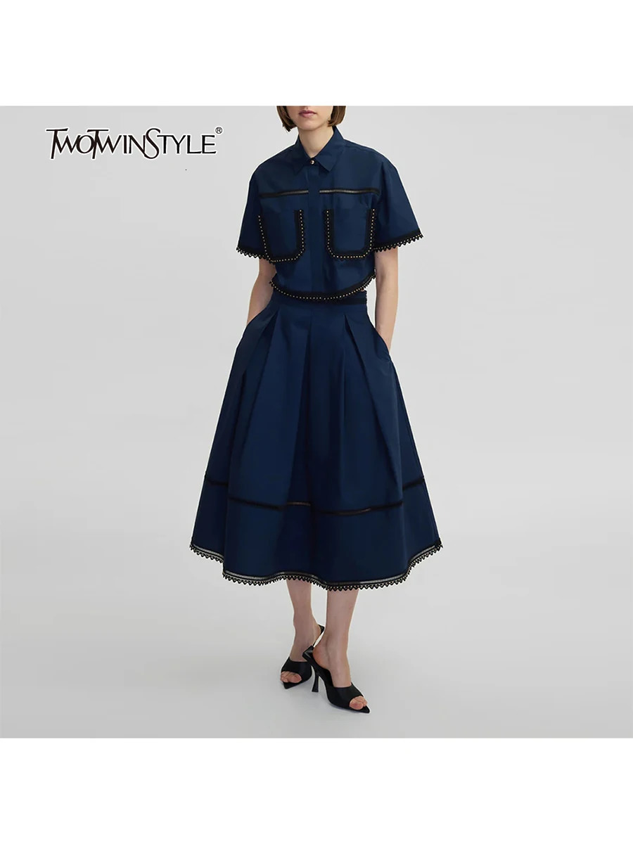 TWOTYLE Solid Two Piece Sets For Women Lapel Short Sleeve Tops High Waist A Line Skirt Slimming Female Fashion Style 250614
