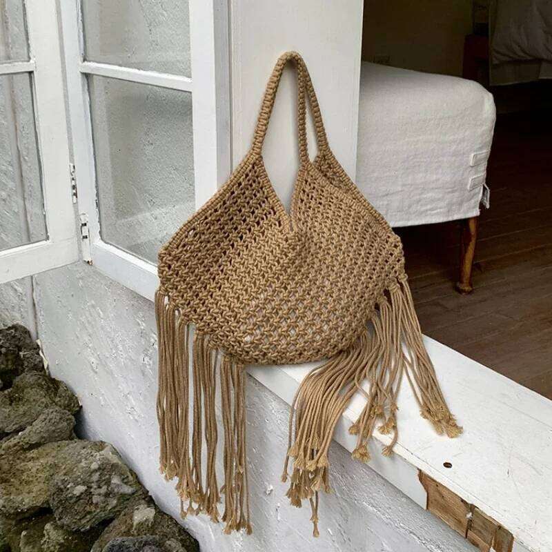Bohemian Women's Large Capacity Tassel Shoulder Bag Handmade Cotton Woven Knitted Seaside Vacation Beach Tote Summer New Arrival