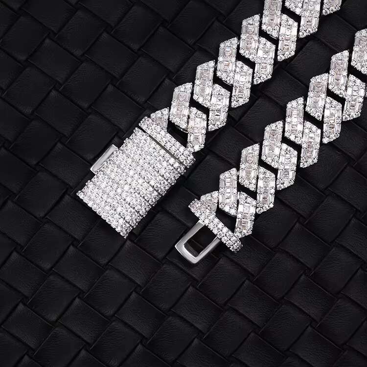 Yu Ying 14mm Baguettes VVS Moissanite Diamond Solid Silver Necklace Cuban Link Chain for Hiphop Jewelry