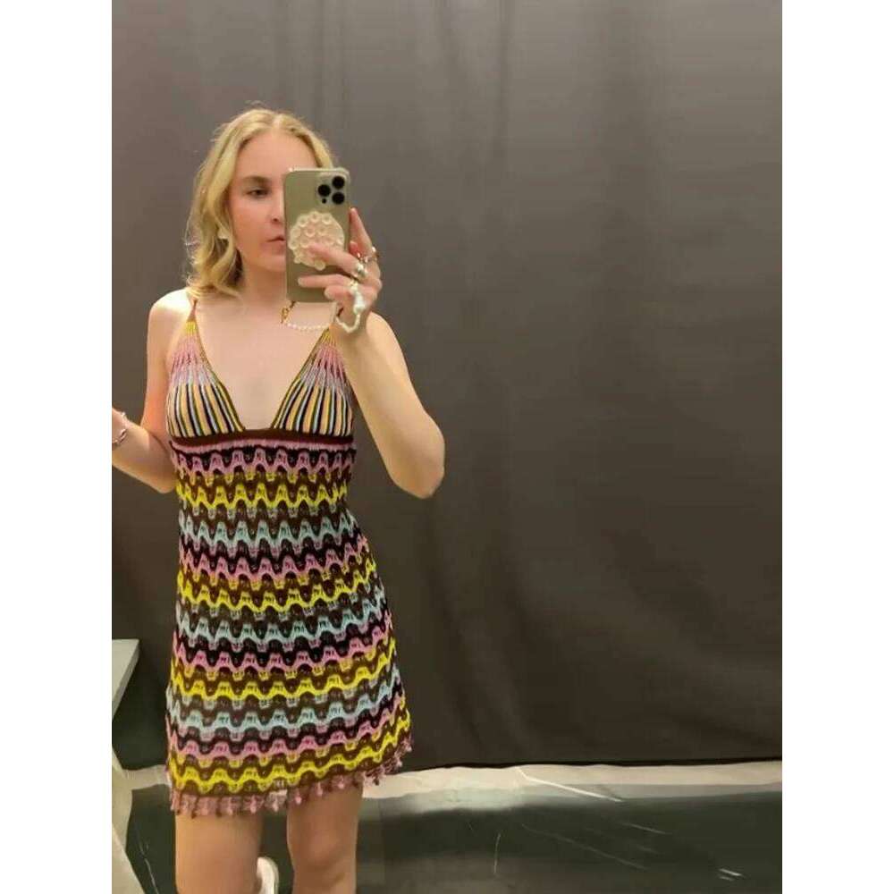 Casual Knitted Color Contrast Women's Dresses Chic V Neck Sleeveless A-line Female Robes 2025 Summer New Holiday Lady Vestidos