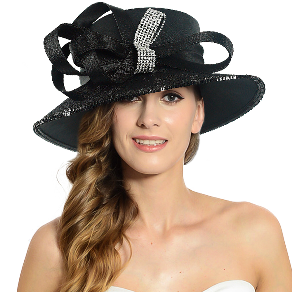 Elegant Black Church Hat with Wide Brim and Rhinestone Bow - Women's Formal Derby Tea Party Hat for Wedding & Sunday Services SD726