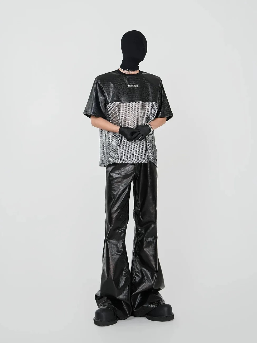 2025 Summer PU Leather Hollow Out Mesh Patchwork Techwear Short Sleeve T Shirt Men Hip Hop Punk Rock Tops Streetwear 250617