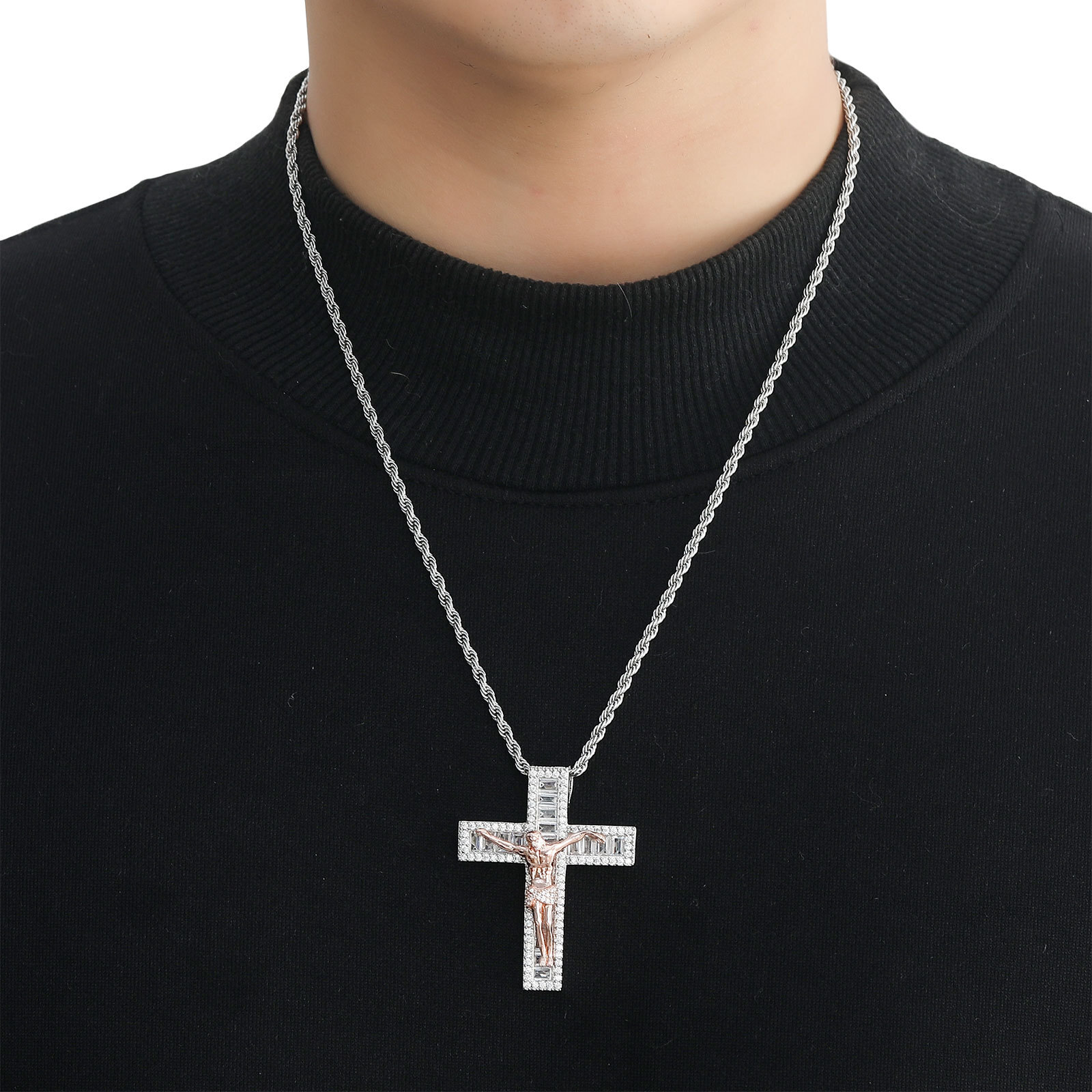 Luxury 3D Rose Gold Plated Moissanite Iced Out Bling Cross Hip Hop Gradient Inlay Trendy Streetwear Statement Necklace Pass the diamond tester