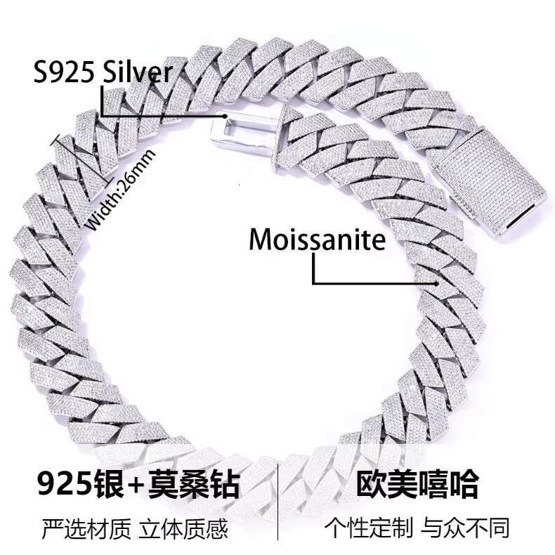 Mens Fashionable 3 Rows of Shiny Moissanite Stones Setted into a Robust Solid Silver Cuban Chains Neckpiece