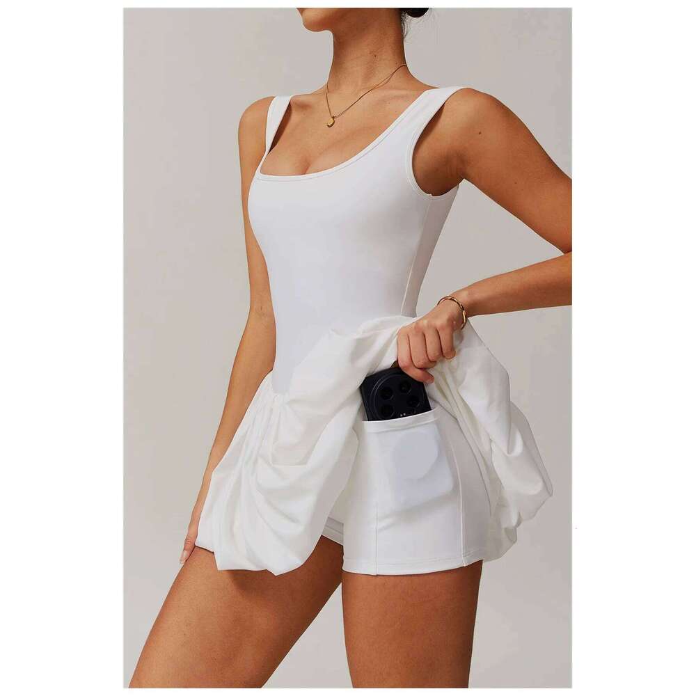 Womens Tennis Golf Dress Built-in Bra Shorts Backless Square Neck Mini Puffy Skirt Athletic Dresses with Pockets
