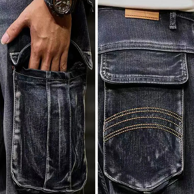Men High Street Trendy Multi Pocket Denim Pants American Vintage Jeans Trouser Loose Fat Straight Oversized Cargo Pant For Male 250624