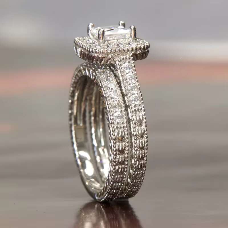 Vintage Engagement Ring Set Custom 1ct Princess Cut Halo Design Floral Wedding Band 14K Gold VVS Moissanite Ring