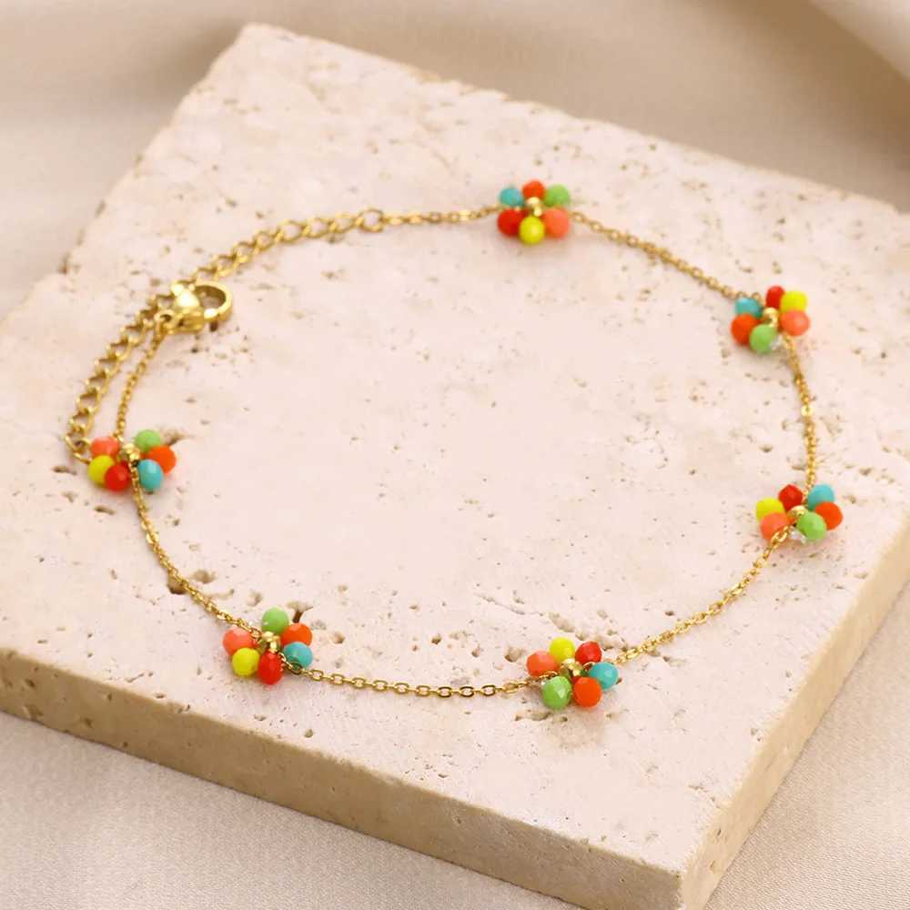Colorful Flower Anklet For Women Summer Bohemia Stainless Steel Waterproof Chain Jewelry Exquisite Ankle Bracelet Cute Her Gifts U250624