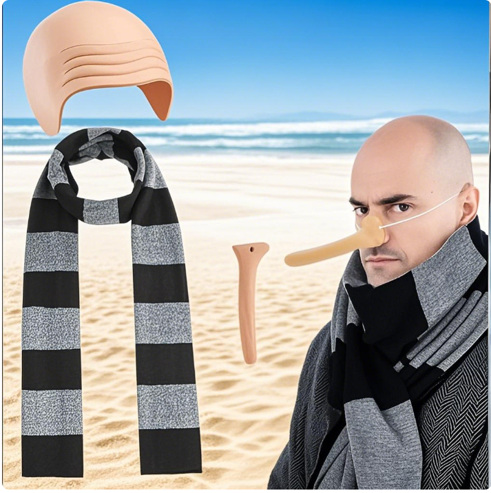 Scalp Long Nose Black Striped Scarf with Hairnet 4-Piece Set for Celebrating Halloween, Christmas, Holiday Shows, Role Play Parties, Little Yellow Man