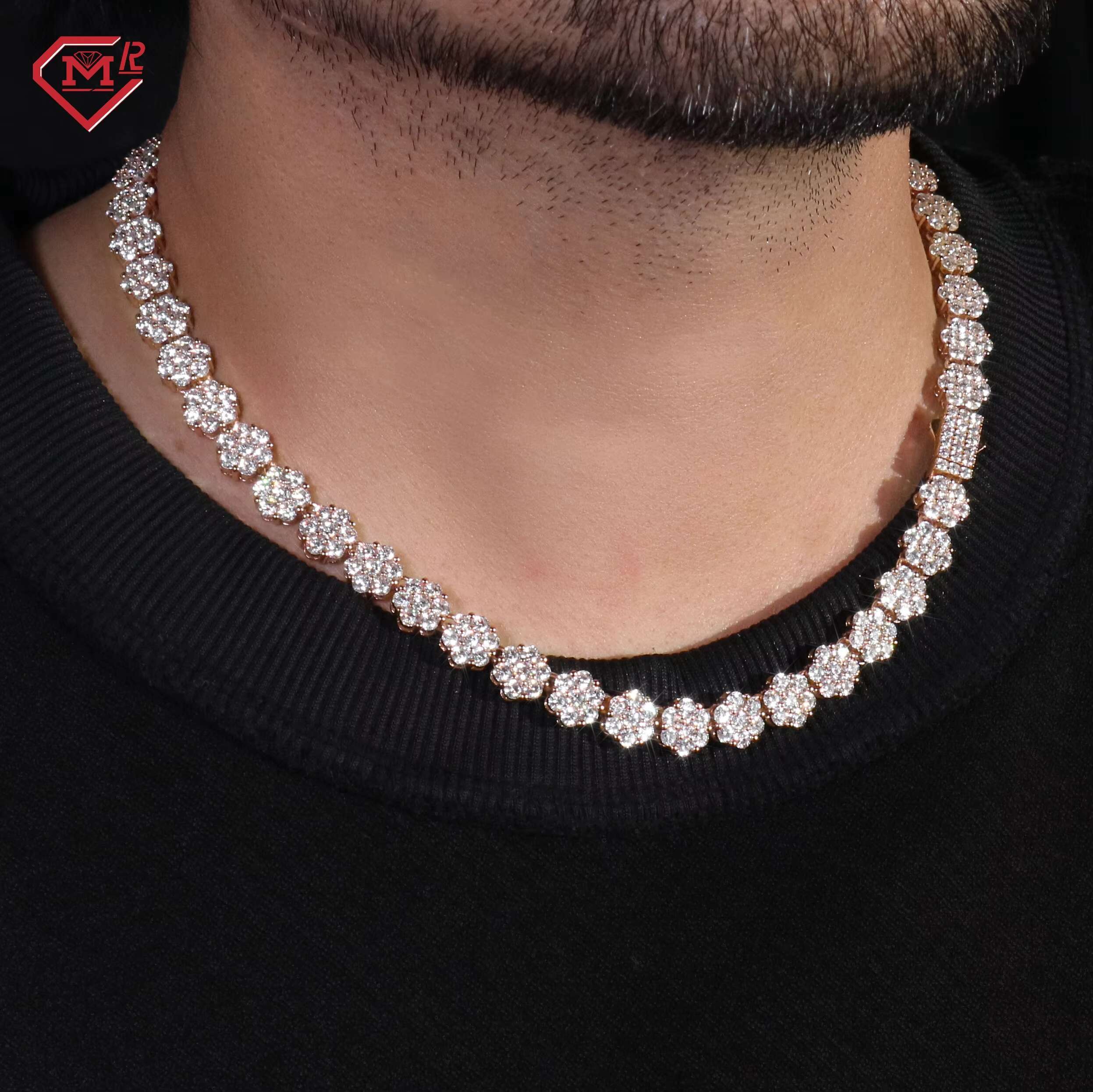 Flower Tennis Chain 925 Silver Hip Hop Pass Teste Rose Gold Plated Round Brilliant Cut Moissanite Tennis Chain
