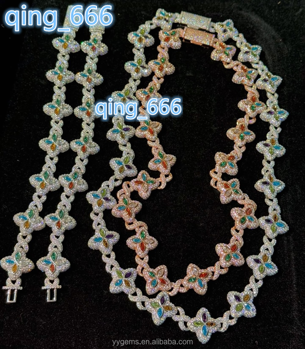 Yu Ying Custom Marquise Cut Fancy Colors Moissanite Real Gold Plated S925 Silver Cuban Link Chain Necklace Hip Hop Jewelry