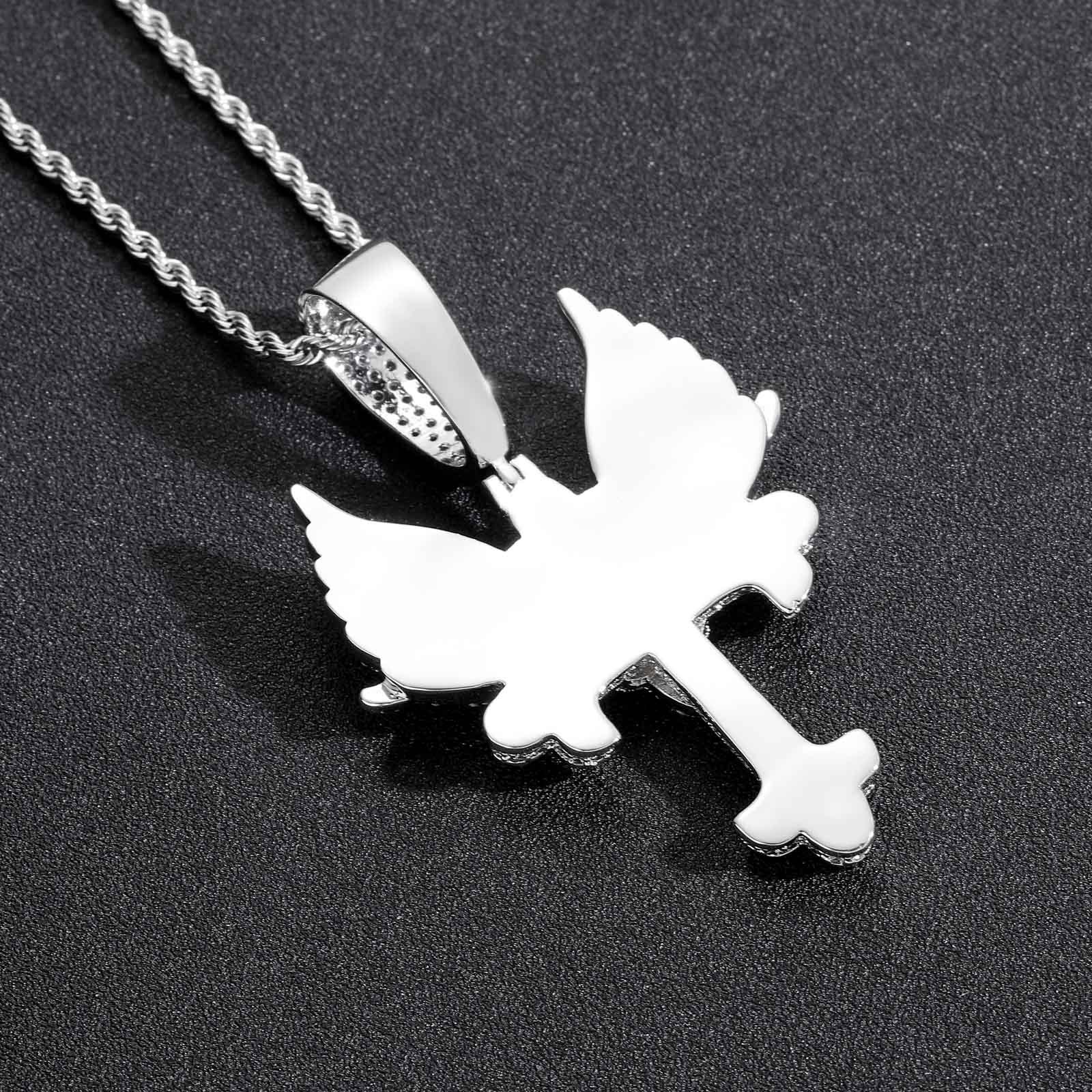 Luxury Moissanite Iced Out Angel Wings Cross Solid Polished Hip Hop Men's Bling Trendy Necklace Pass the diamond tester