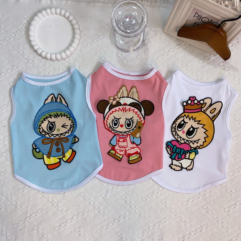 Dog Shirt Dog Vest Summer Fashion Embroidery Dog Clothes with Labubu Exquisite Embroidery Cool Breathable Cotton T-Shirt, Small Medium Dog Boys Girls 