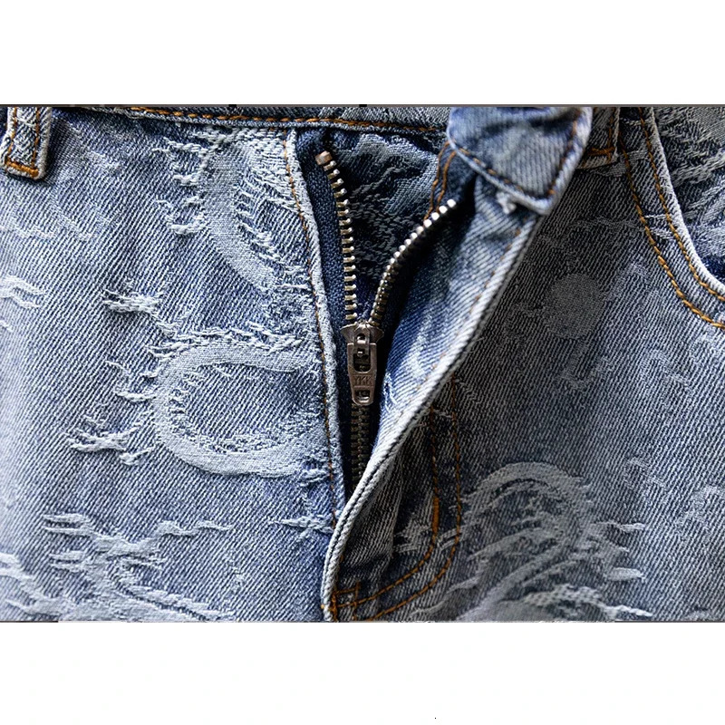 summer Personalized Pattern Denim Shorts Mens Five Quarter Pants Straight Tube Loose Trendy Dragon Pattern Beach Sports 250617
