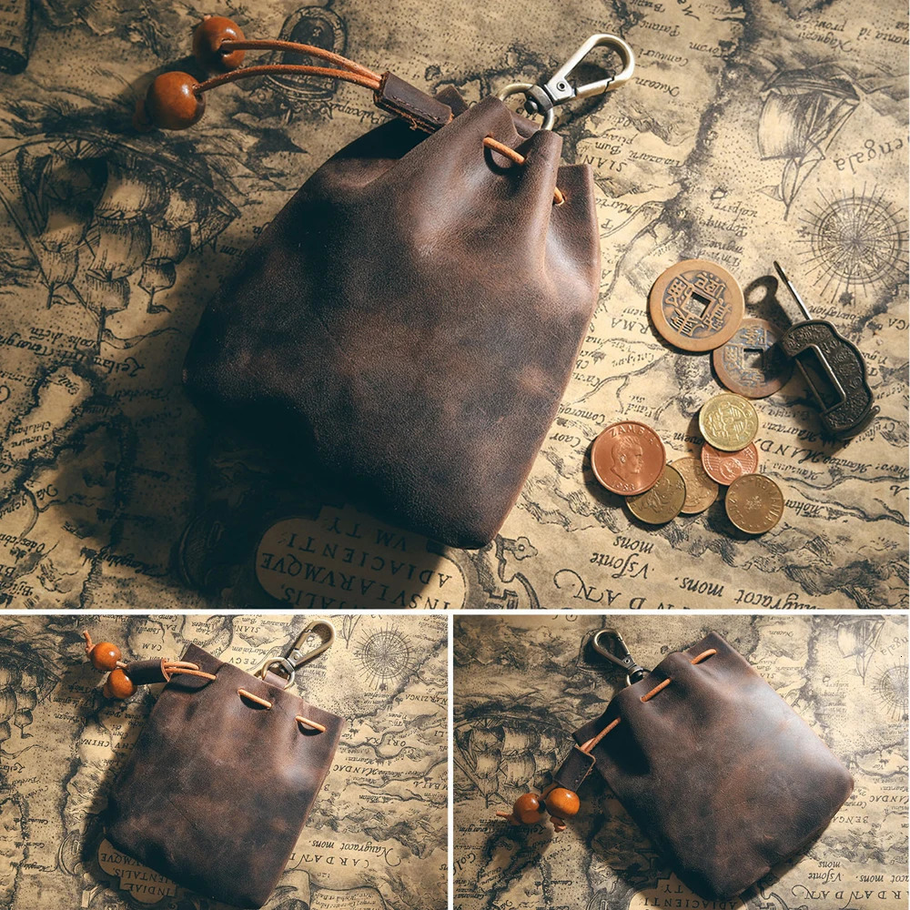 Multi Functional Genuine Leather Coin Purse Key Holder String Money Bag Waist Pouch Retro Cowhide Wallet Travel Supplies R250624