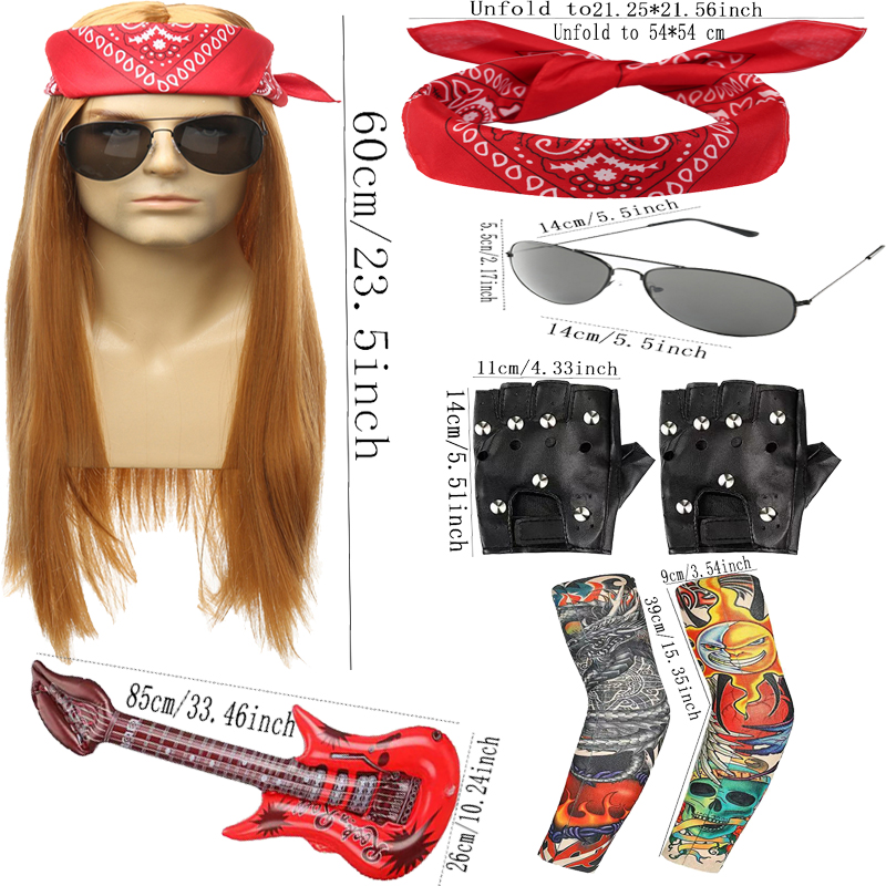 Men's and women's long straight hair 70's 80's heavy metal rock wig disco punk wig red yellow hip-hop trend role-playing cosplay