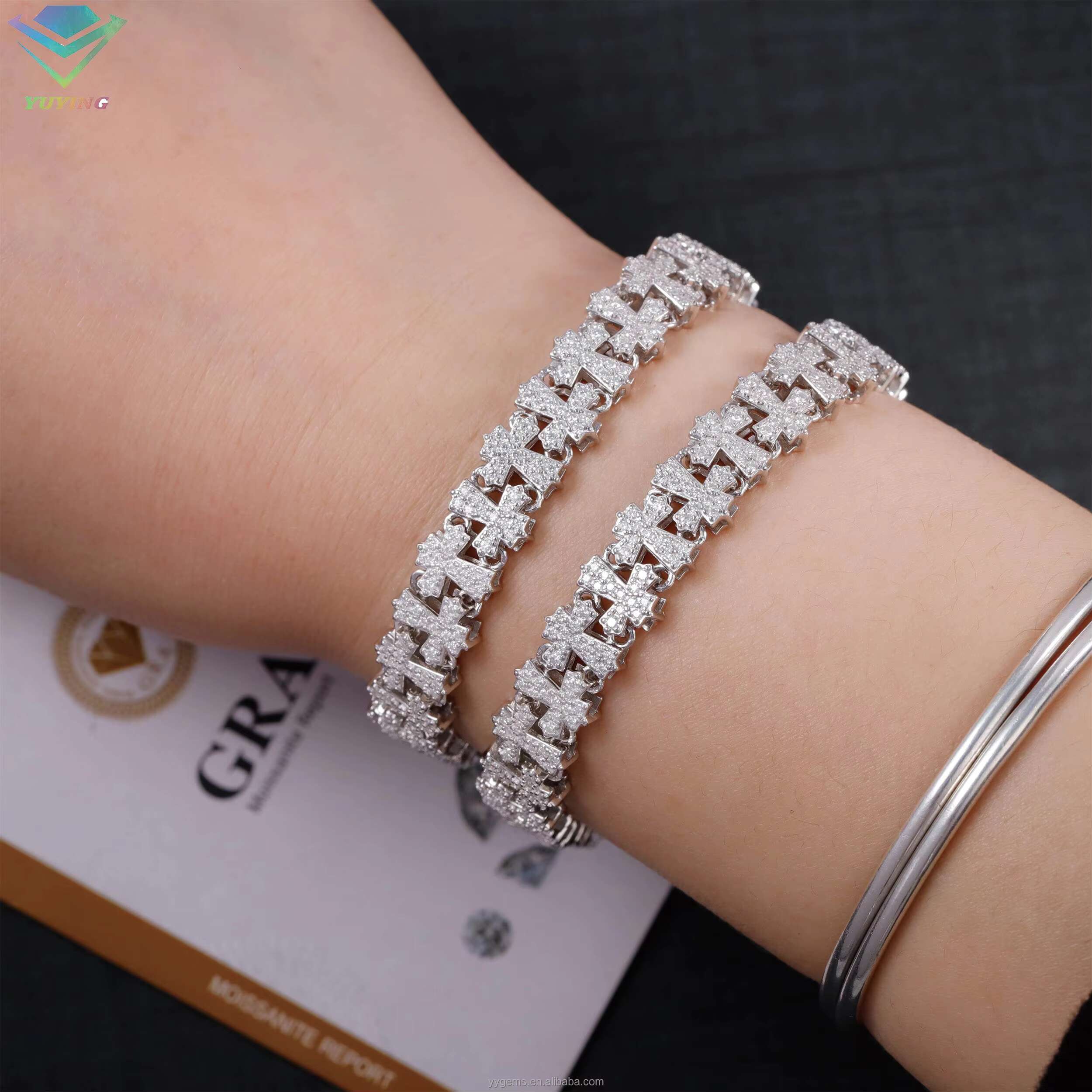 New Design Cross Moissanite Cuban Bracelet in Stock Hip Hop Moissanite 925 Silver Religious Jewelry Diamond Cuban Link Chain