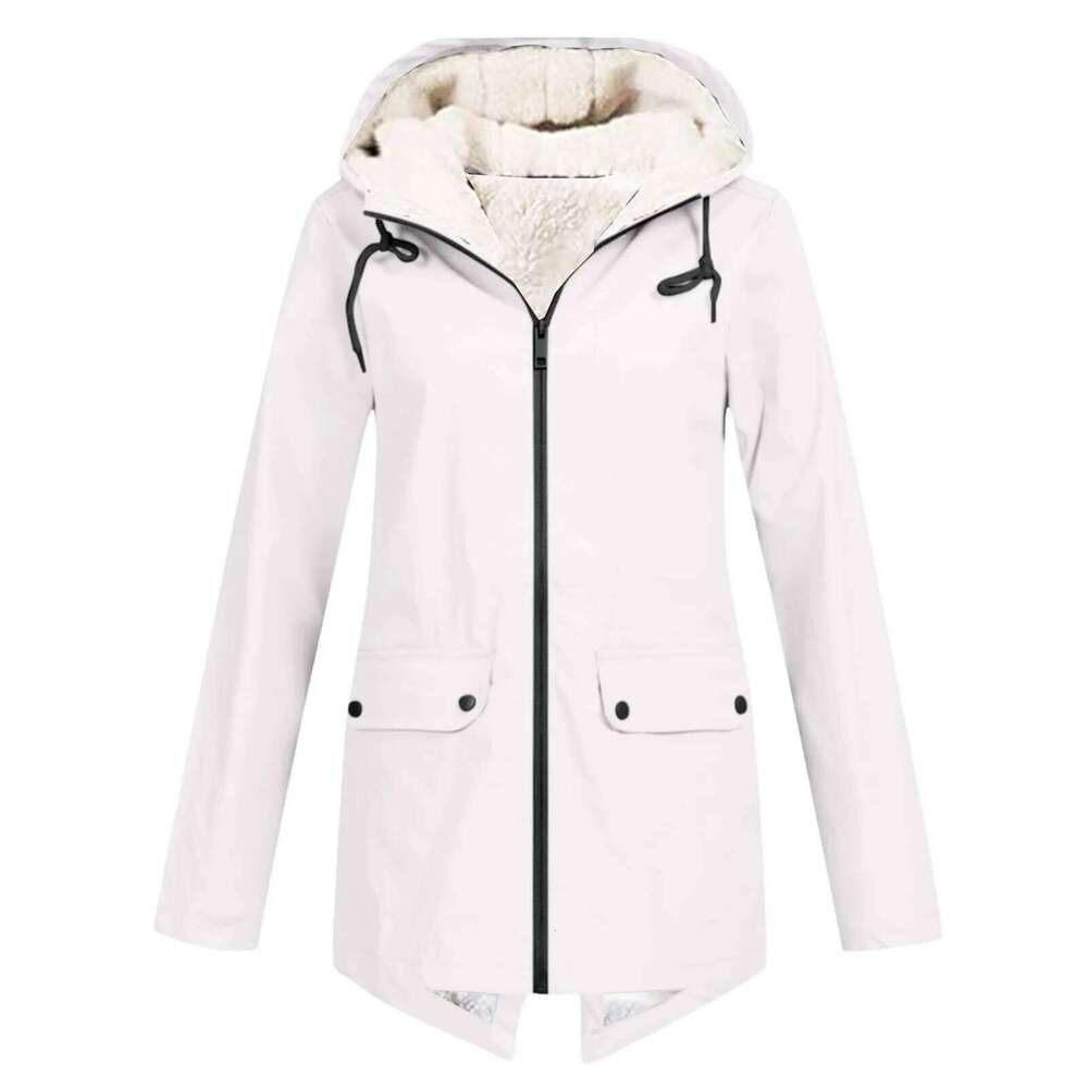 Women Plush Thicken Solid Zipper Windproof Raincoat Outdoor Hooded Jacket Autumn Winter Camping Climbing Clothes