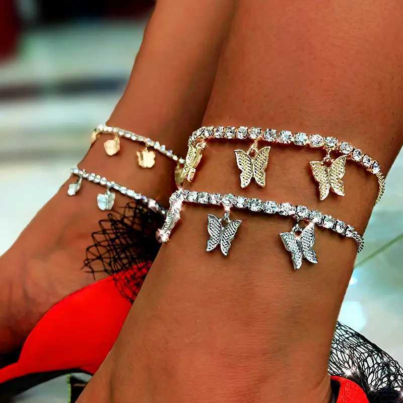 INS Fashion Butterfly Anklet Rhinestone Tennis Chain Foot Chain Jewelry for Women Summer Beach Anklet Butterfly Barefoot Chain U250624