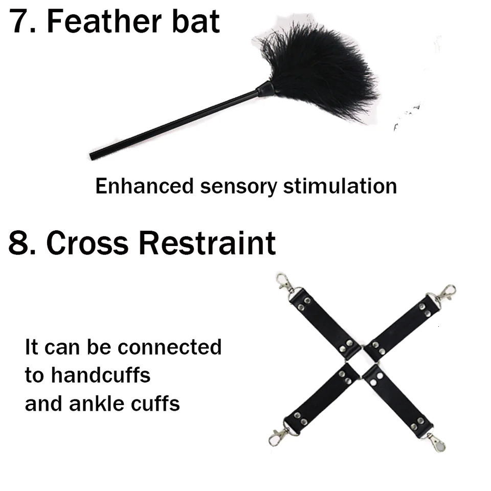 BDSM Bondage Restraint Kit 10 Pieces Leather Handcuffs Ankle Cuffs Collar Whip Ball Gag Blindfold Nipple Clamps Rope for Couples 250624