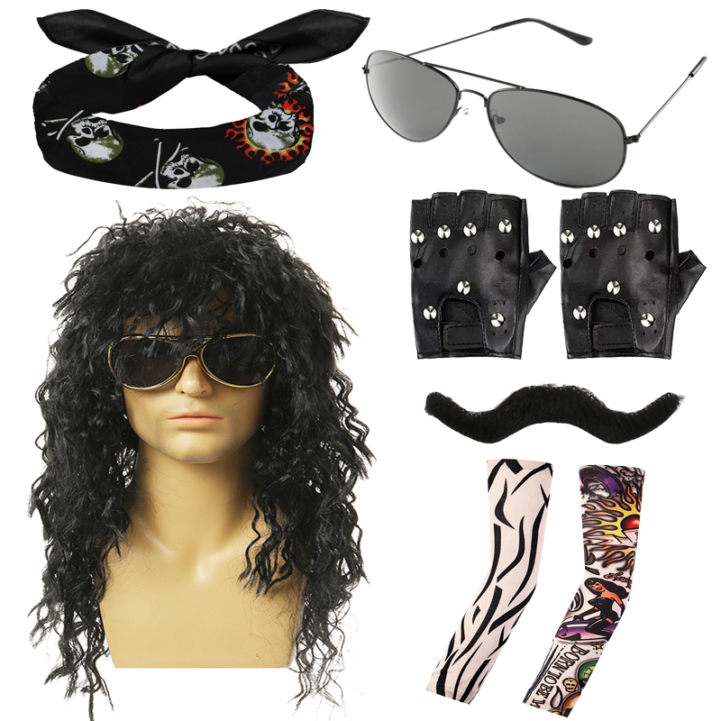 Punk Rock Heavy Metal Fashion Wigs Cool Glasses Bandanas Beards, Tattoo Sleeves, Long Curved Wigs for Holiday Shows Punk Gloves, Vintage Punk Themed E