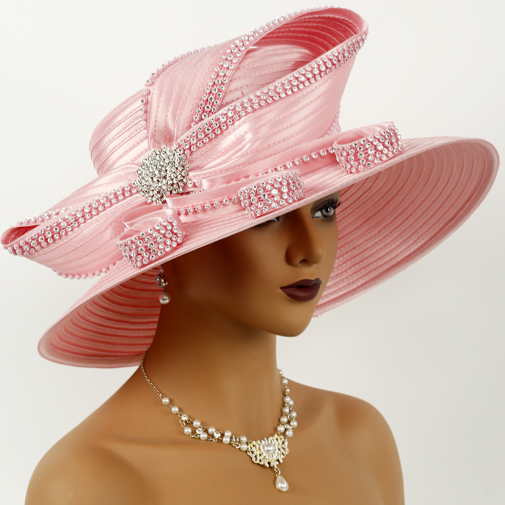 Elegant Light Blue Church Hat for Women - Satin Wide Brim Derby Hat with Rhinestone Bow for Wedding, Tea Party, and Sunday Service SD722