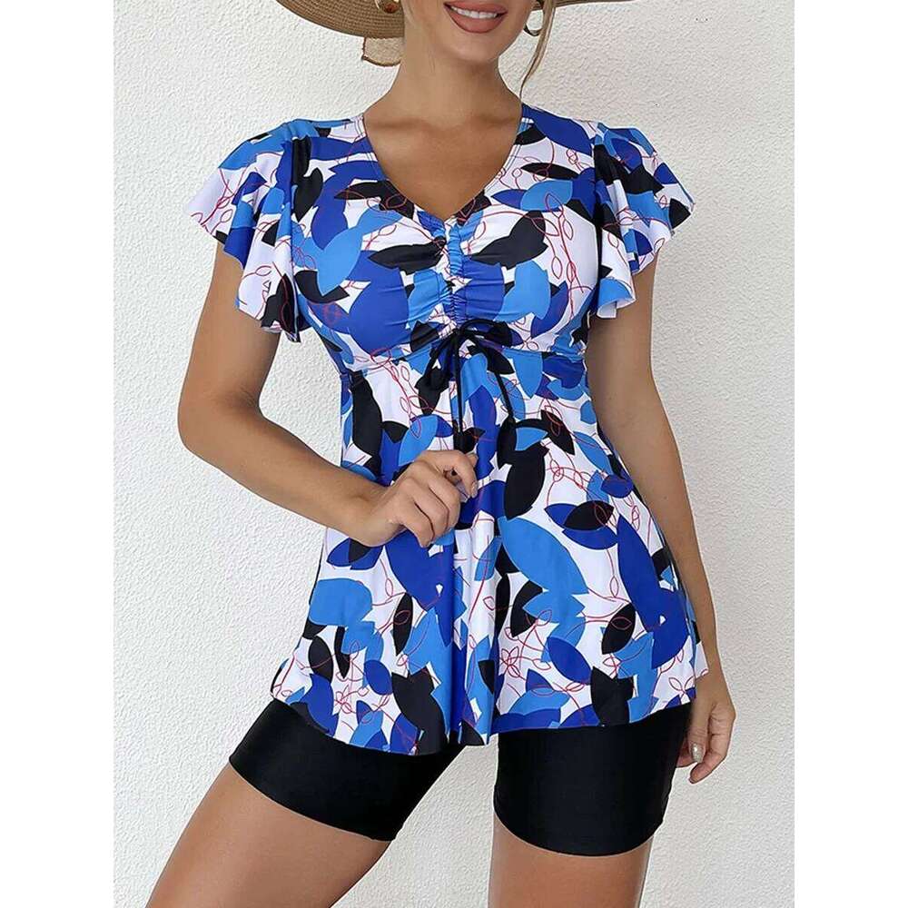 Two Piece Swimsuit Women 2025 Printed Tankini Set Tie Front Drawstring Swimwear Female Bathing Swimming Suit Beachwear Summer