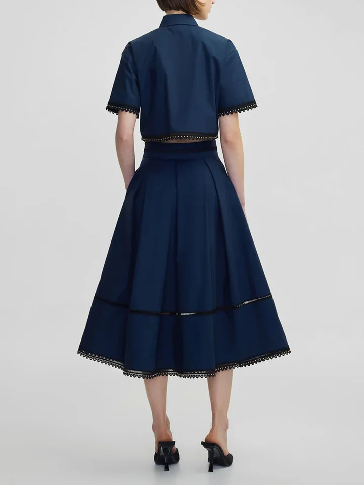 TWOTYLE Solid Two Piece Sets For Women Lapel Short Sleeve Tops High Waist A Line Skirt Slimming Female Fashion Style 250614