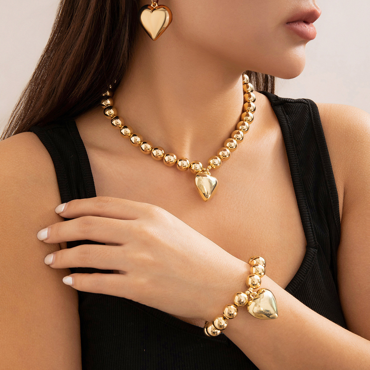 Ins Geometric Round Bead for Women Versatile Imitation Pearl Hot Selling Beaded Heart Necklace