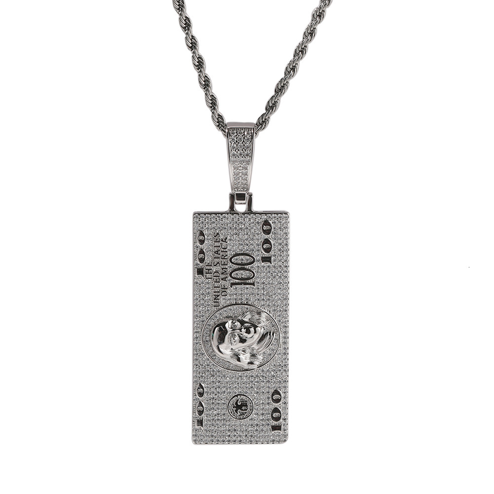 Mens US Dollar Bill Pendant Necklace Niche Personalized Rap Trend White Gold Iced Out Zirconia Money Cash Collar Hip Hop Rapper Jewelry Accessories Bi