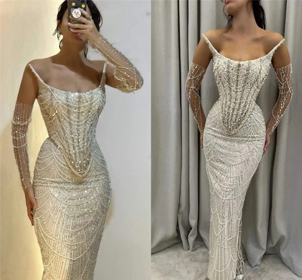 Sparkly Beading Wedding Dresses Women Sexy Spaghetti Straps Sequined Bride Dresses Pearls Floor Length Bridal Gown Customized