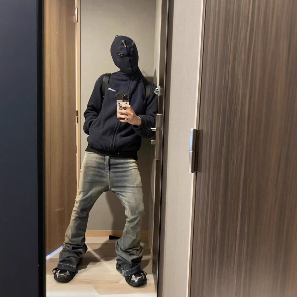 Men's Jeans Owens Style Streetwear Black Glue Coated Boot Cut For Men And Women Straight Baggy Casual Flare Pants Oversized Loose Denim Trousers