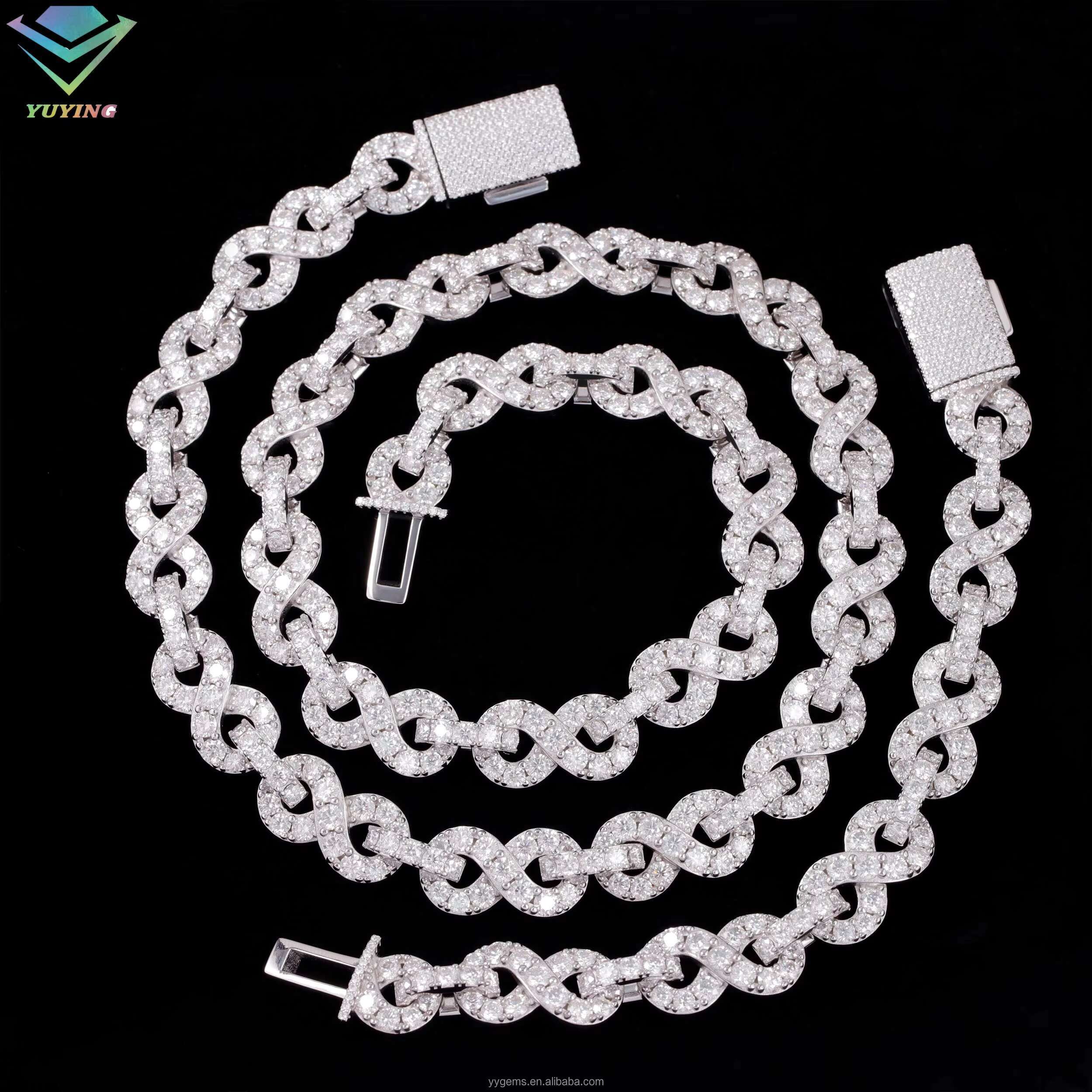 Yu Ying Custom Pass Diamond test Moissanite White Gold Plated 925 Silver 13mm Infinity Link Bracelets Men Jewelry Cuban Bracelet