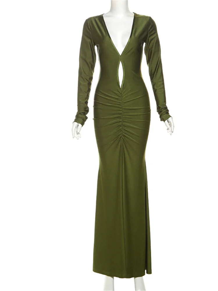 Nibber Elegant High Street Women Dress Sexy Low Neck Hollow Full Sleeve Bodyshaping Vestidos Female Trend Solid Evening Wear 250616