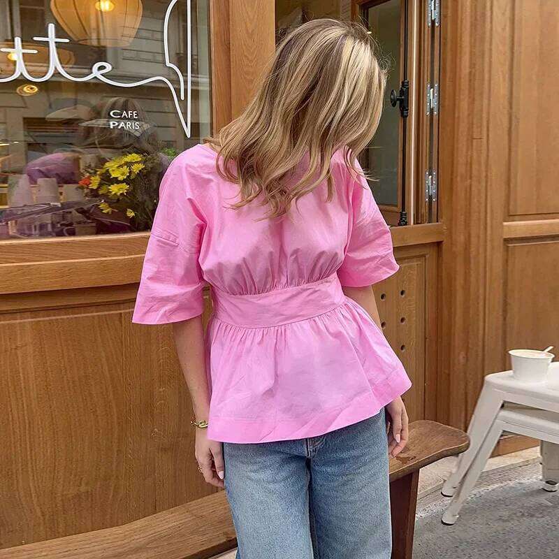 hoodie Fashion Bow Backless Pleated Shirts Women Solid O-neck Half Sleeve Waist-Closed Top Spring Summer Lady High Street Shirt jacket