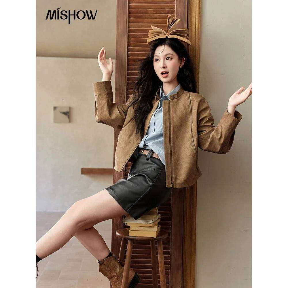 MISHOW Suede Short Jacket for Women Autumn Stand Collar Versatile Coats Bronze Metal Zipper Loose Top Streetwear MXD46W0483
