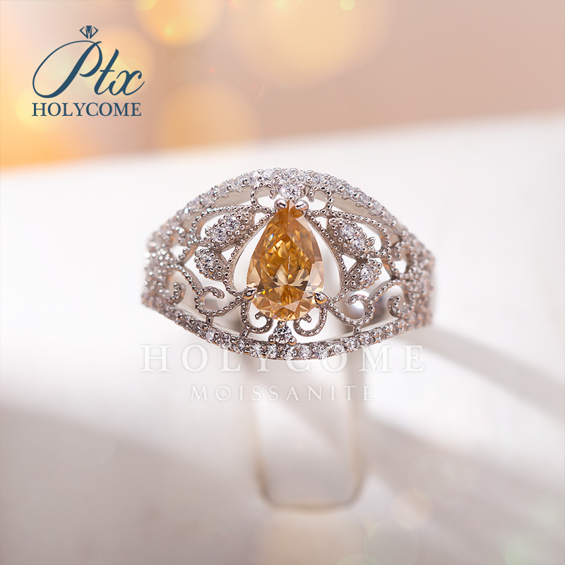 Classic Fine Jewelry 1Ct Moissanite Pear Champagne 925 Sterling Silver Wedding Ring Rhodium Plated Parties Anniversaries Ring for Women