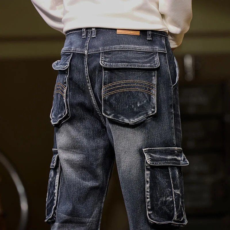 High Street Trendy Multi Pocket Denim Pants Men American Vintage Jeans Oversized Loose Fat Straight Trouser Cargo Pant Versatile 250624