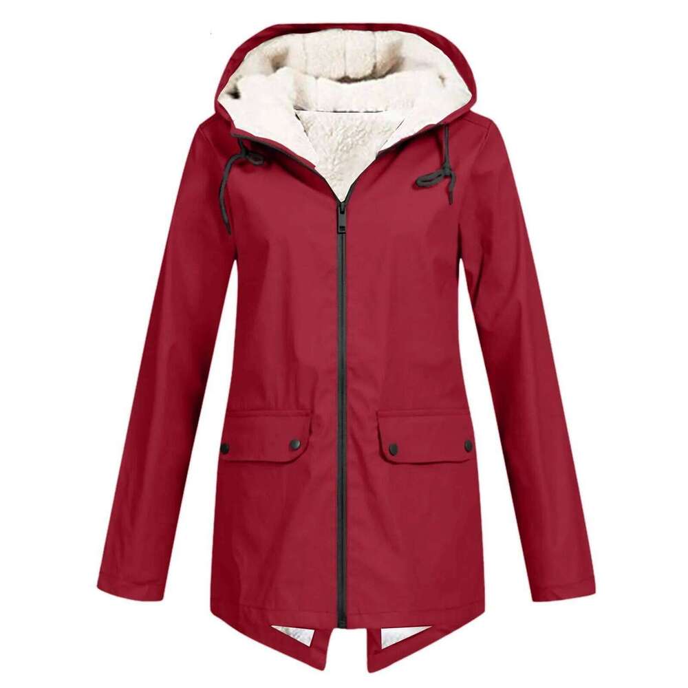 Women Plush Thicken Solid Zipper Windproof Raincoat Outdoor Hooded Jacket Autumn Winter Camping Climbing Clothes