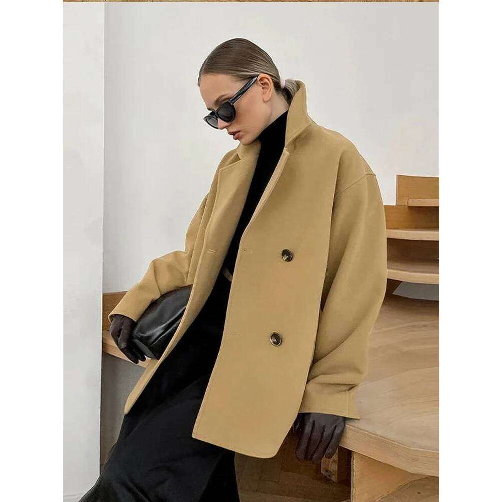 Thick Lapel Woolen Coats Women Classic Brown Short Double Breasted Coat Female Winter Vintage Chic Street Outwear All-Match