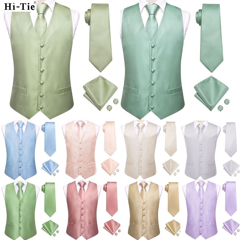 Hi-Tie Sage Green Solid Silk Mens Suit Vests 4PC Woven Waistcoat Tie Pocket Square Cufflinks Business Wedding Dress Waist Jacket 250614