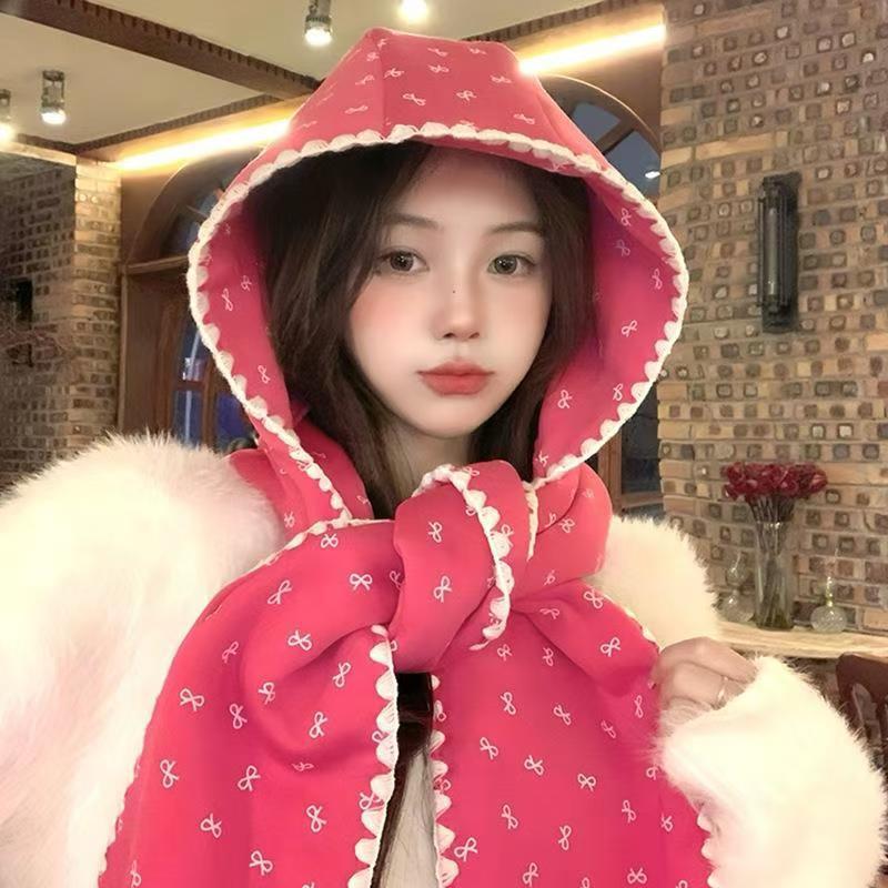 Z0165 cute lace all-match hooded scarf for girls autumn and winter hat knitted warm scarf cloak
