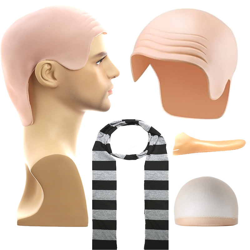 Scalp Long Nose Black Striped Scarf with Hairnet 4-Piece Set for Celebrating Halloween, Christmas, Holiday Shows, Role Play Parties, Little Yellow Man
