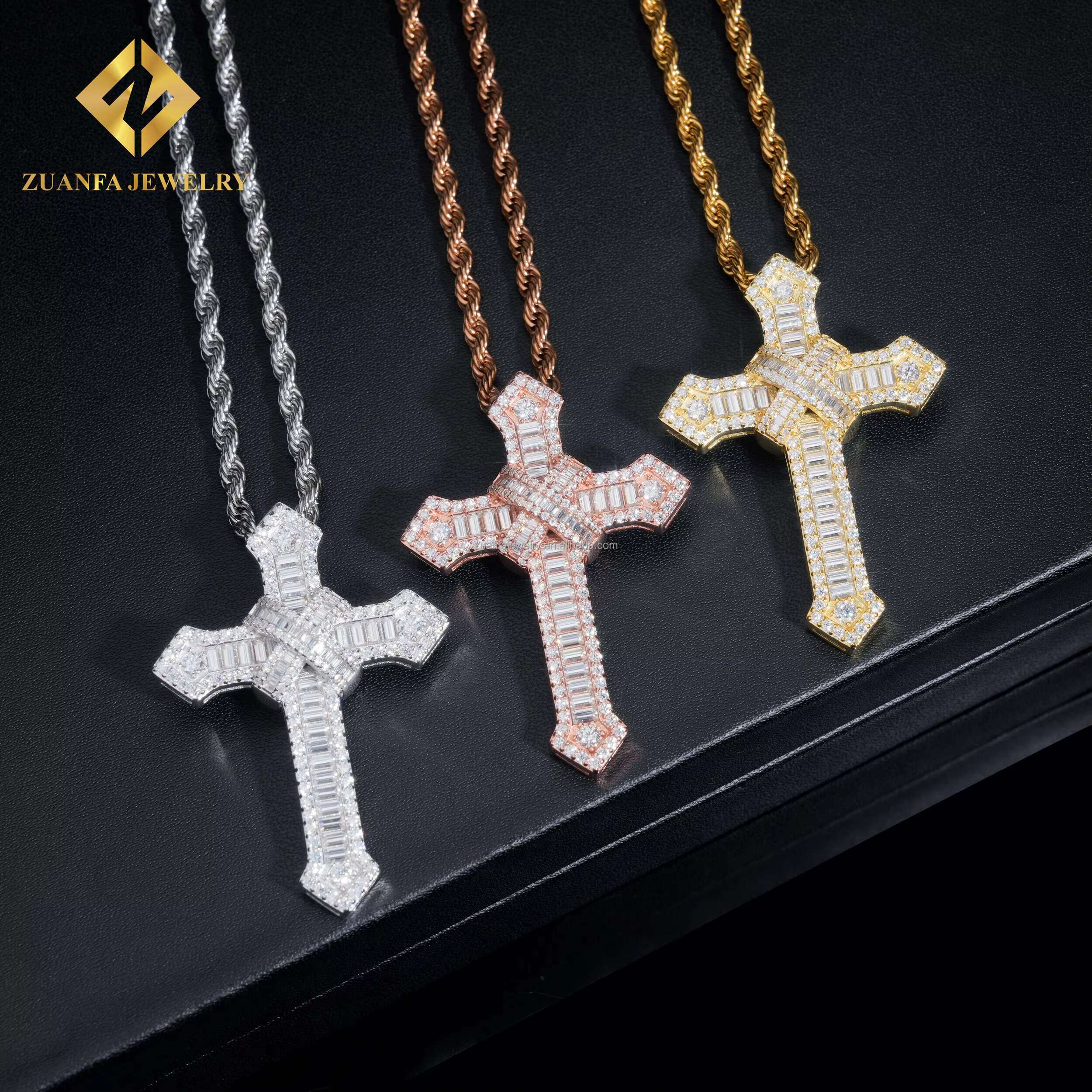 Wholesale Price Pass Diamond Tester GRA Certificate Iced Out Hip Hop Jewelry Baguette Moissanite Diamond Cross Pendant Chain