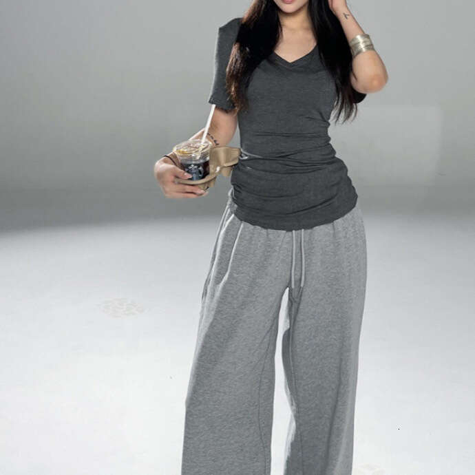 Trendy Pure Desire Gray V-Neck Short Sleeve T-Shirt For Women, Slim Fit Waist Casual Top Base Shirt B5