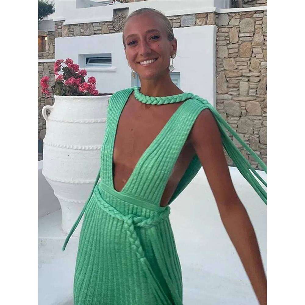 Summer New Women's Deep V Striped Knitted Spaghetti Strap Sleeveless Mini Dresses Elegant Chic Female Dress For Party Vacation