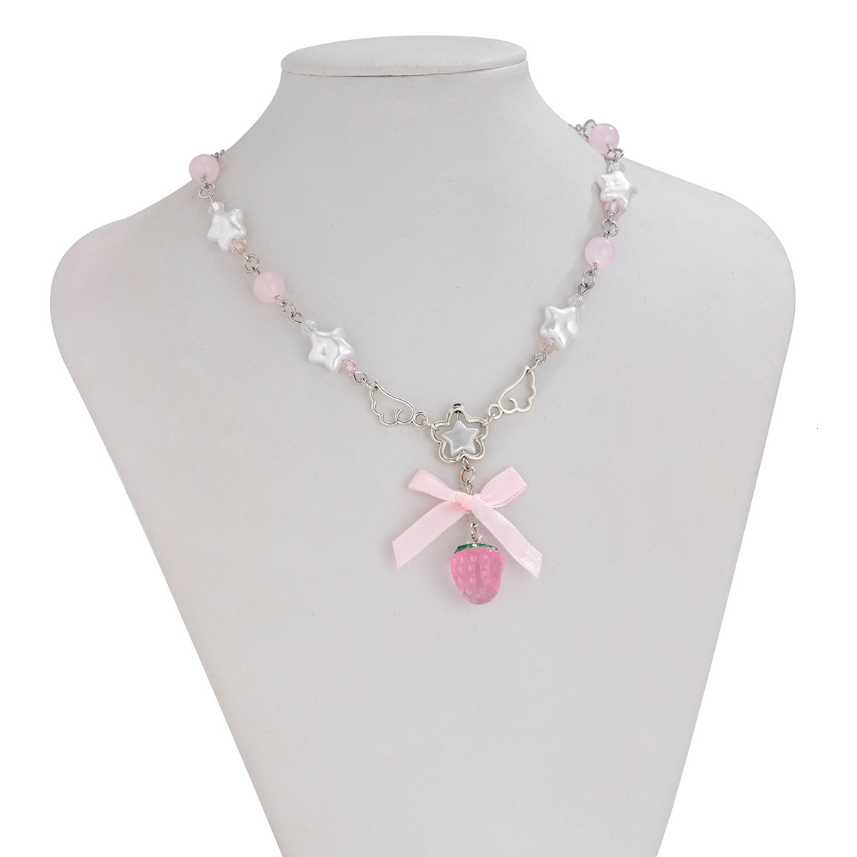 Fresh Pastoral Strawberry Pendant Sweet Flower Pentagram Wings Imitation Pearl Necklace